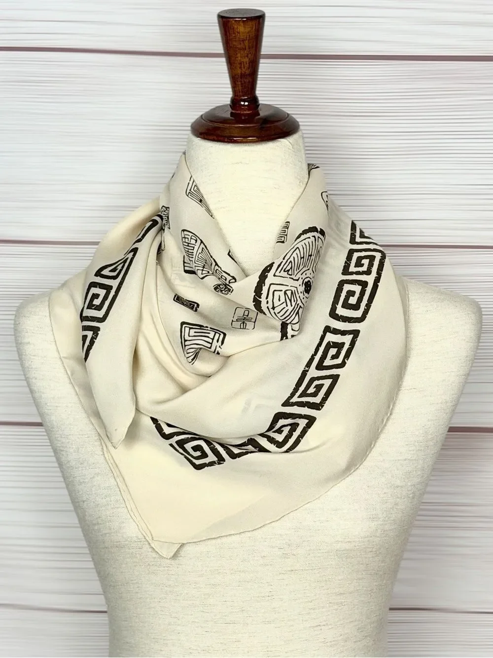 Vintage Chinese Seal Script Silk Scarf Cream Hand Rolled Shanghai China 31x31